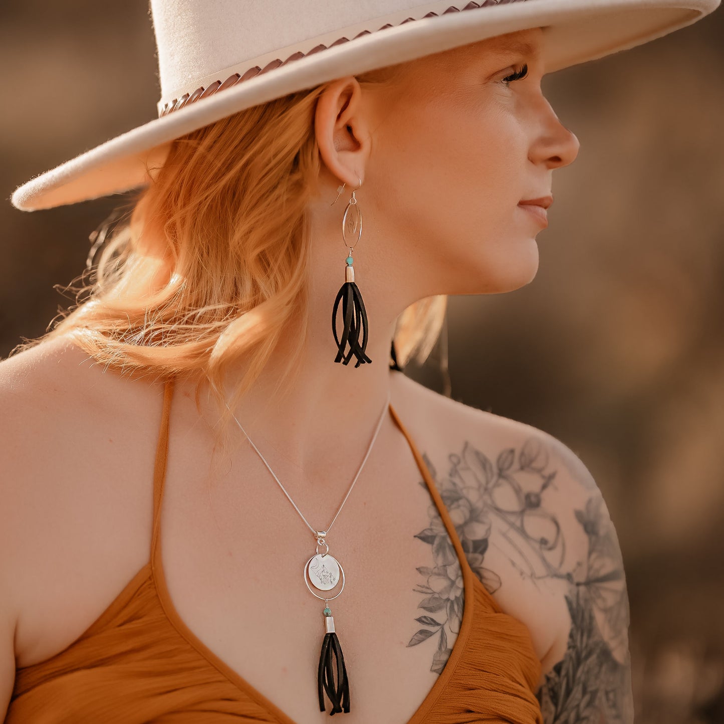 Silver Circle Necklace with Brown Leather Fringe