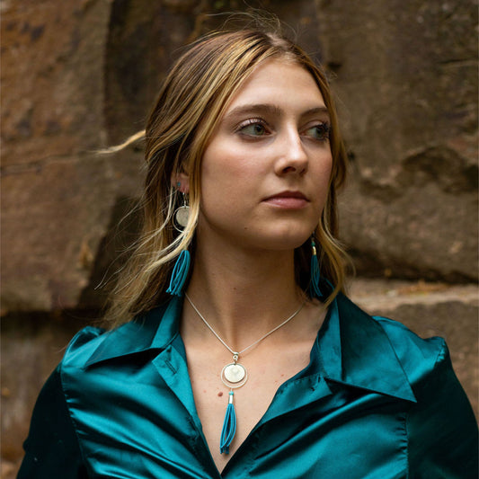 Jewelry set with turquoise blue leather fringe