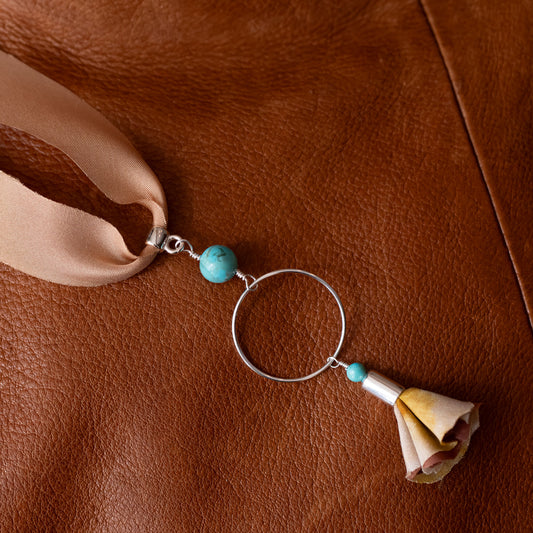 Fall Sterling Silver and Silk Necklace with Flower and Turquoise Pendant