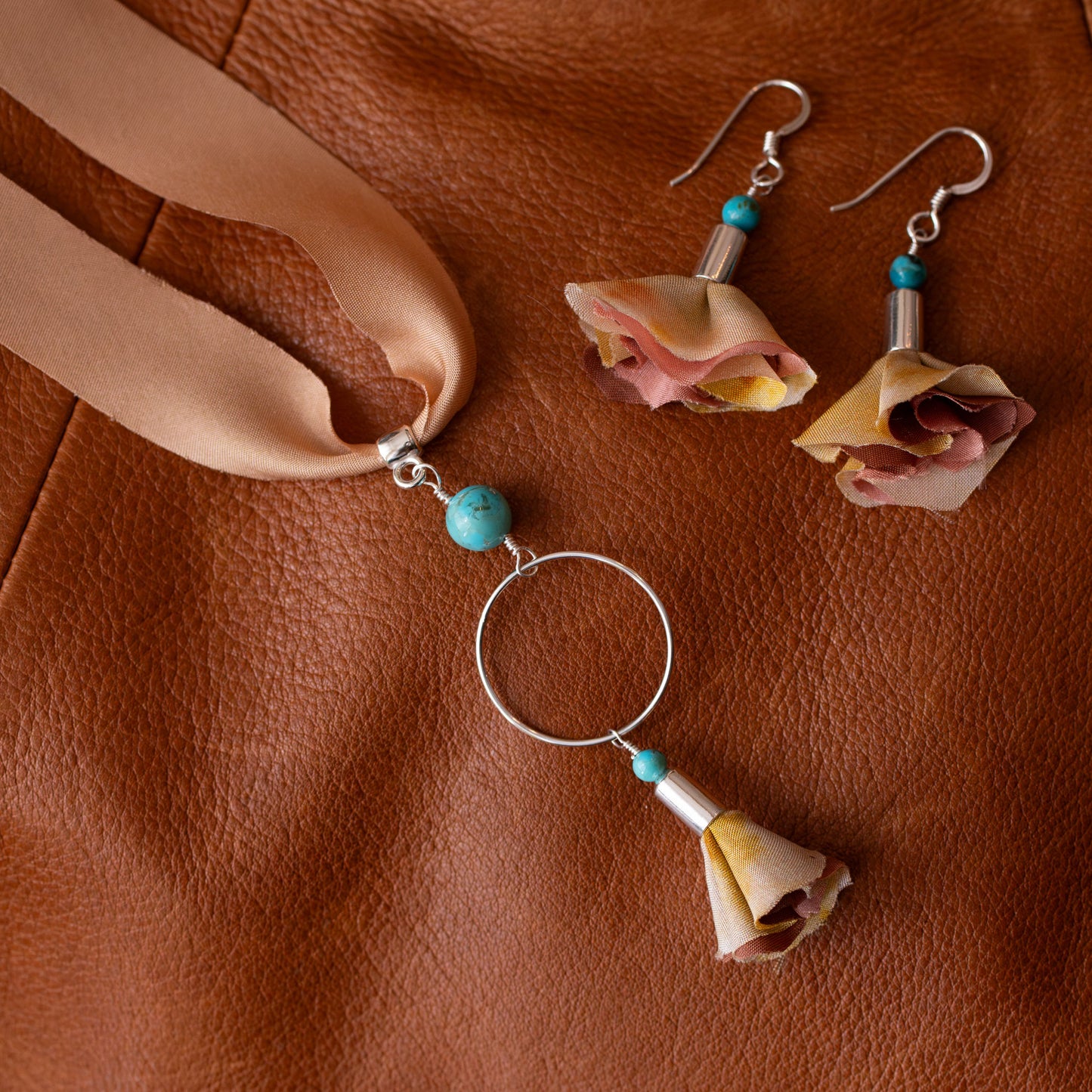 Fall Sterling Silver and Silk Necklace with Flower and Turquoise Pendant