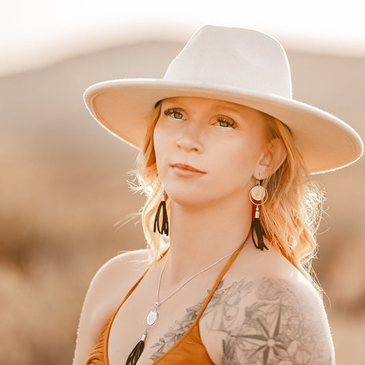 Sterling Silver Boho Earrings with Black Leather Fringe