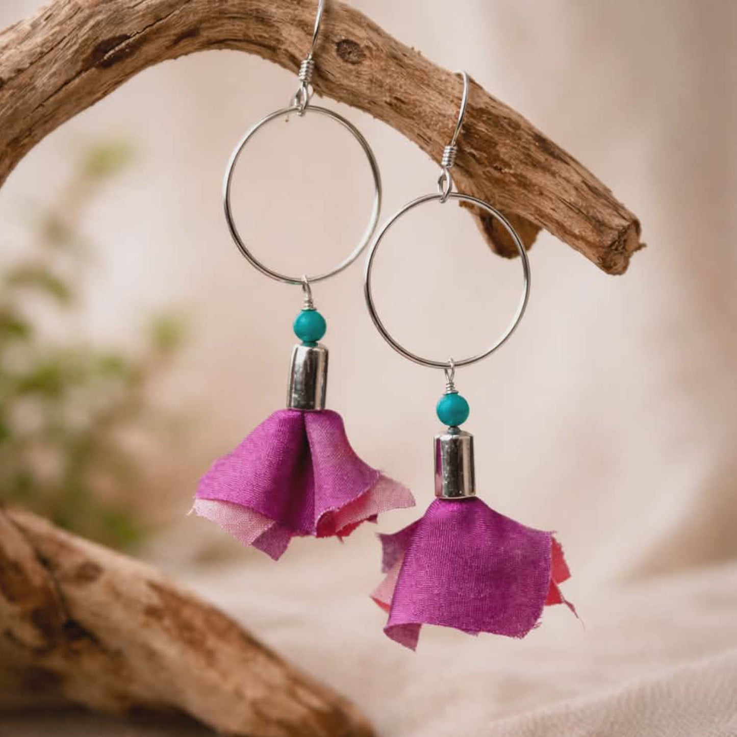 Long Silver earrings with pink flowers and real turquoise accent