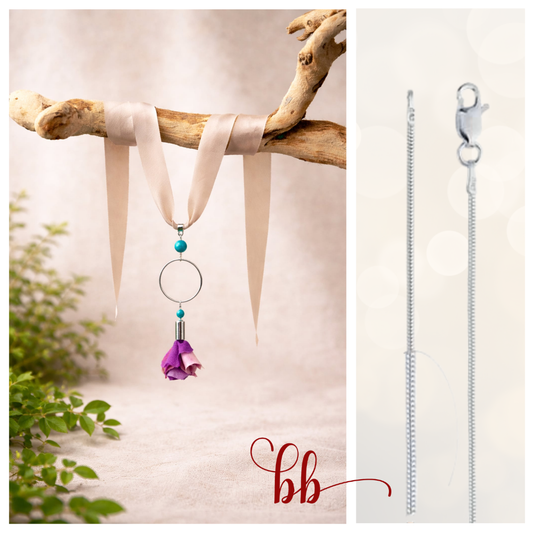 Spring Bundle sterling silver necklace with pink silk flower and turquoise with silk chain and sterling silver chain