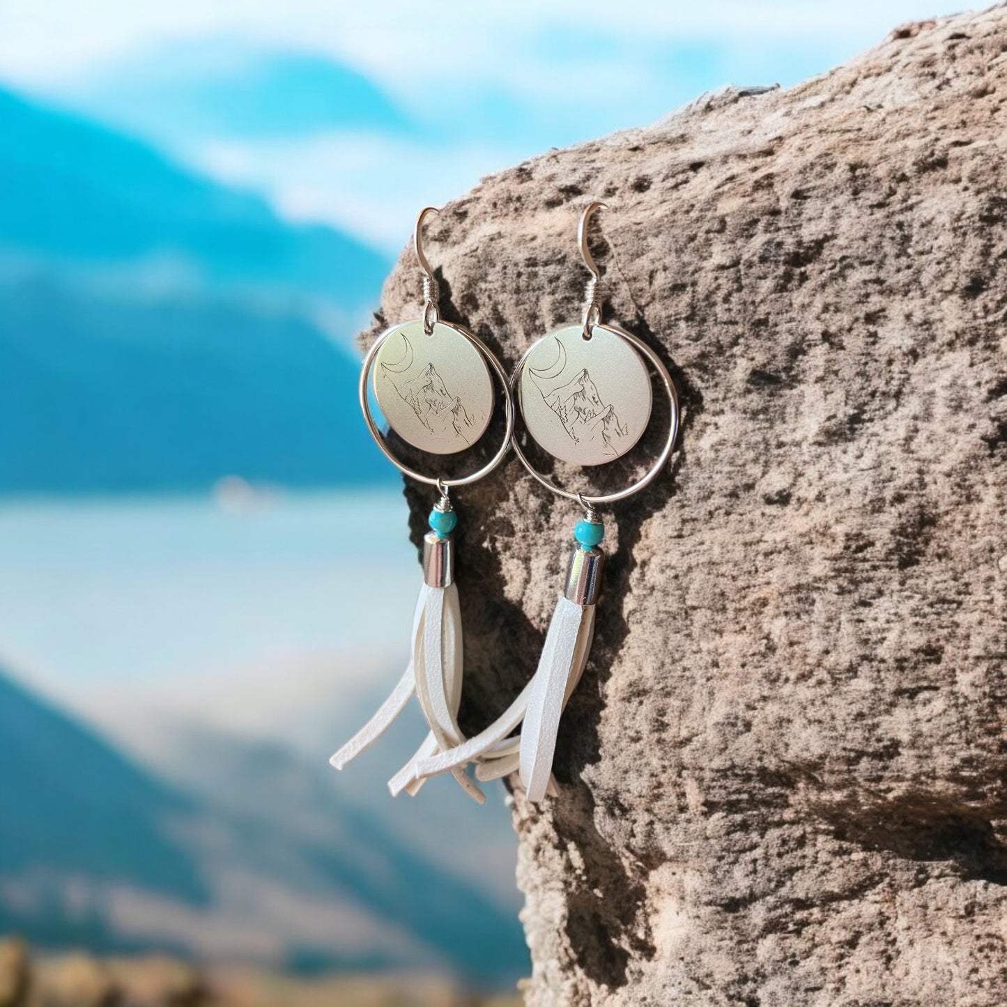 Mountain Earrings - white leather fringe