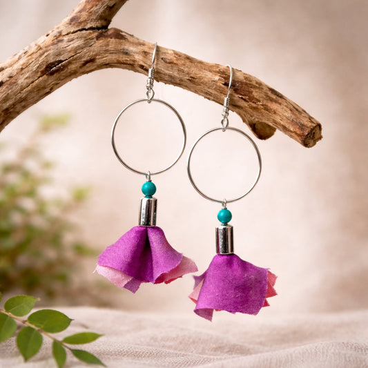 Long sterling silver earrings with real turquoise and pink silk flowers - Spring