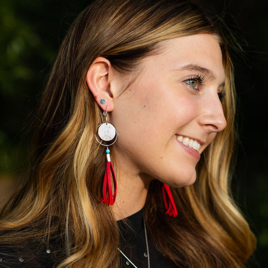 Campfire Earrings with red leather fringe