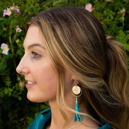 Campfire earrings with blue leather fringe
