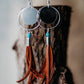 Circle Sterling Silver Boho Earrings with Brown Leather Fringe