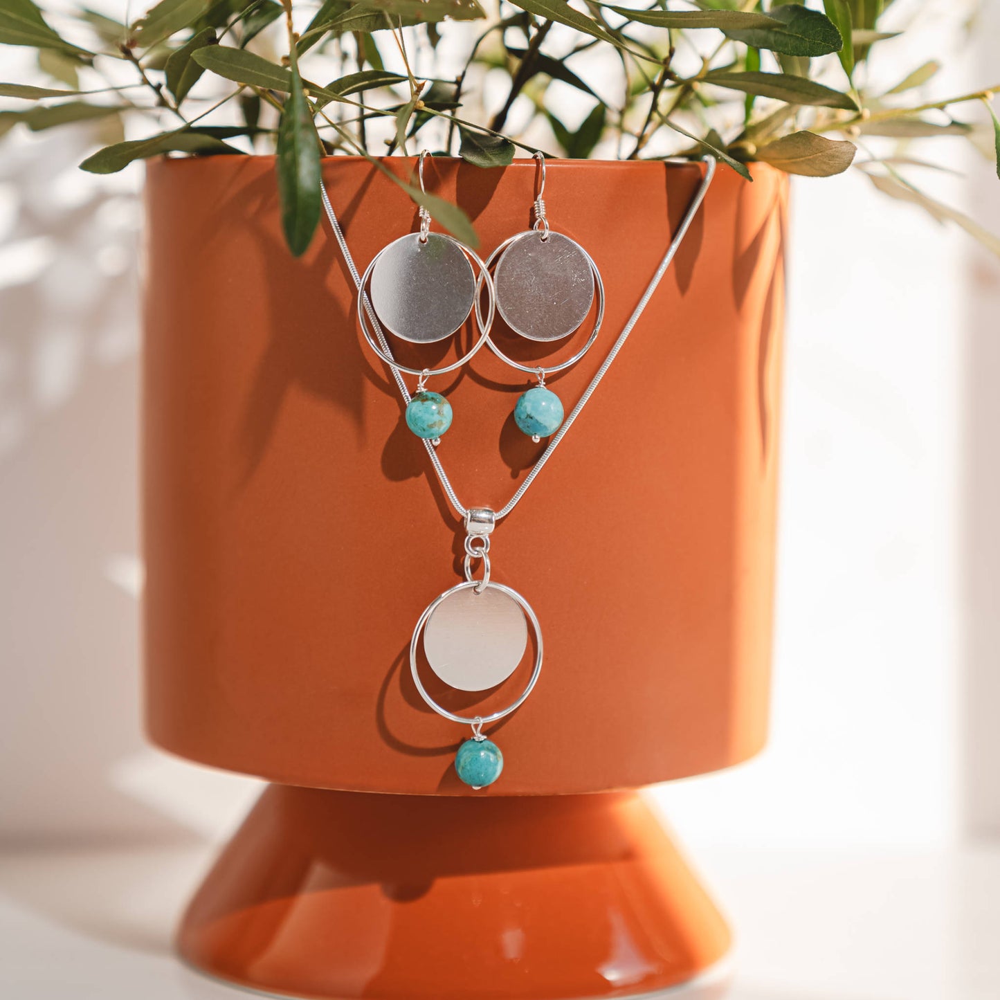 Circle Sterling Earrings and Pendant with Turquoise