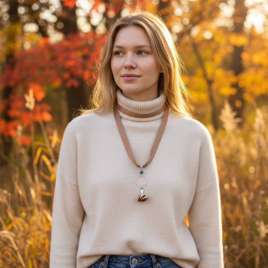 Fall Sterling Silver and Silk Necklace with Flower and Turquoise Pendant