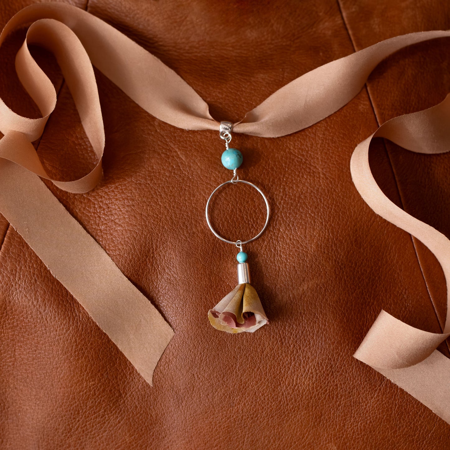 Fall Sterling Silver and Silk Necklace with Flower and Turquoise Pendant