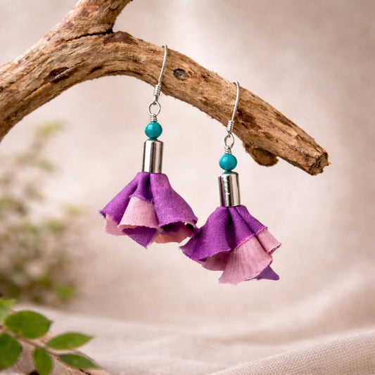 Short sterling silver earrings with real turquoise and pink silk flowers - Spring