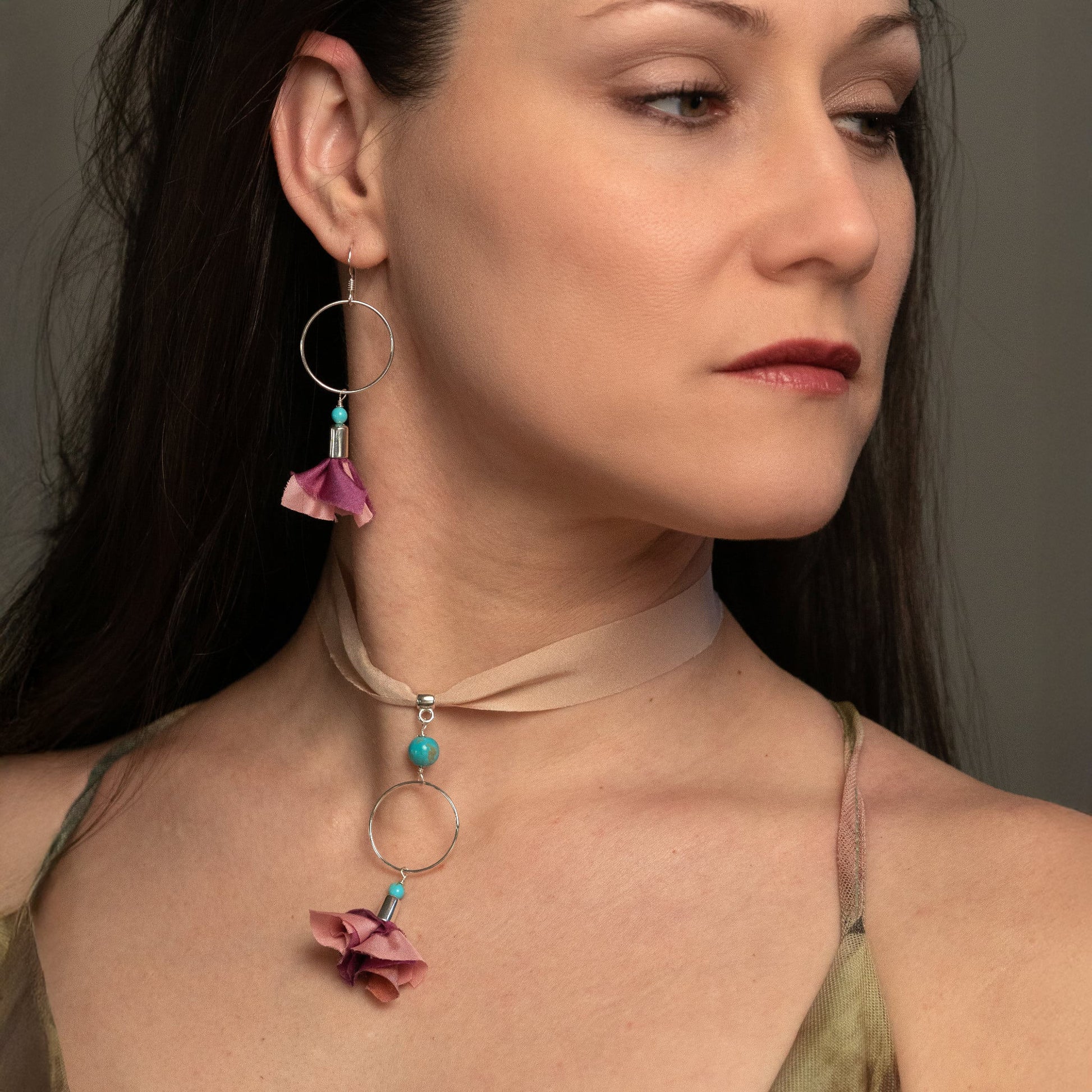 Silk and silver long earrings on model also shown matching necklace