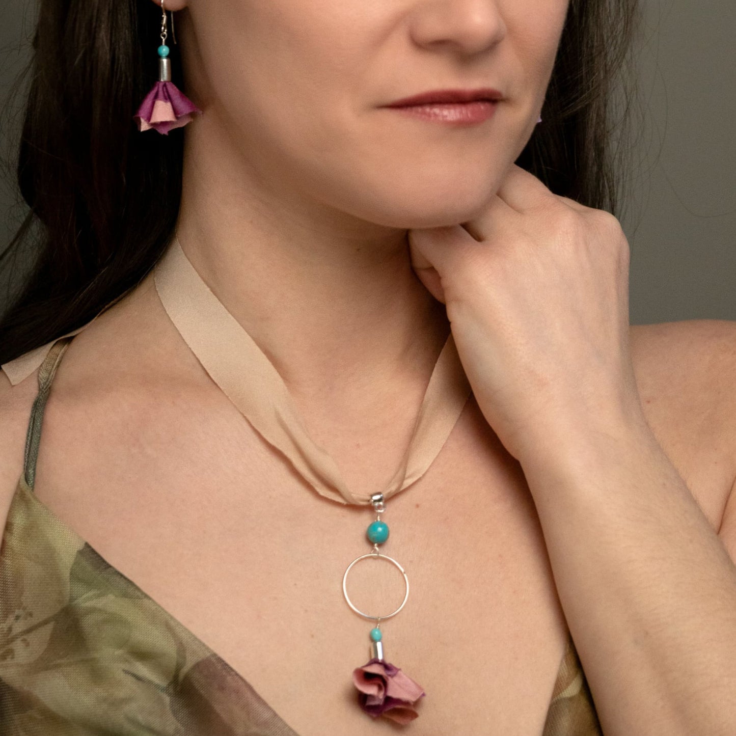 Silk and silver necklace longer length earrings not included