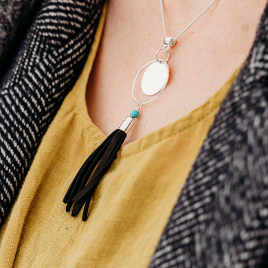 Silver Pendant with Black Leather Fringe