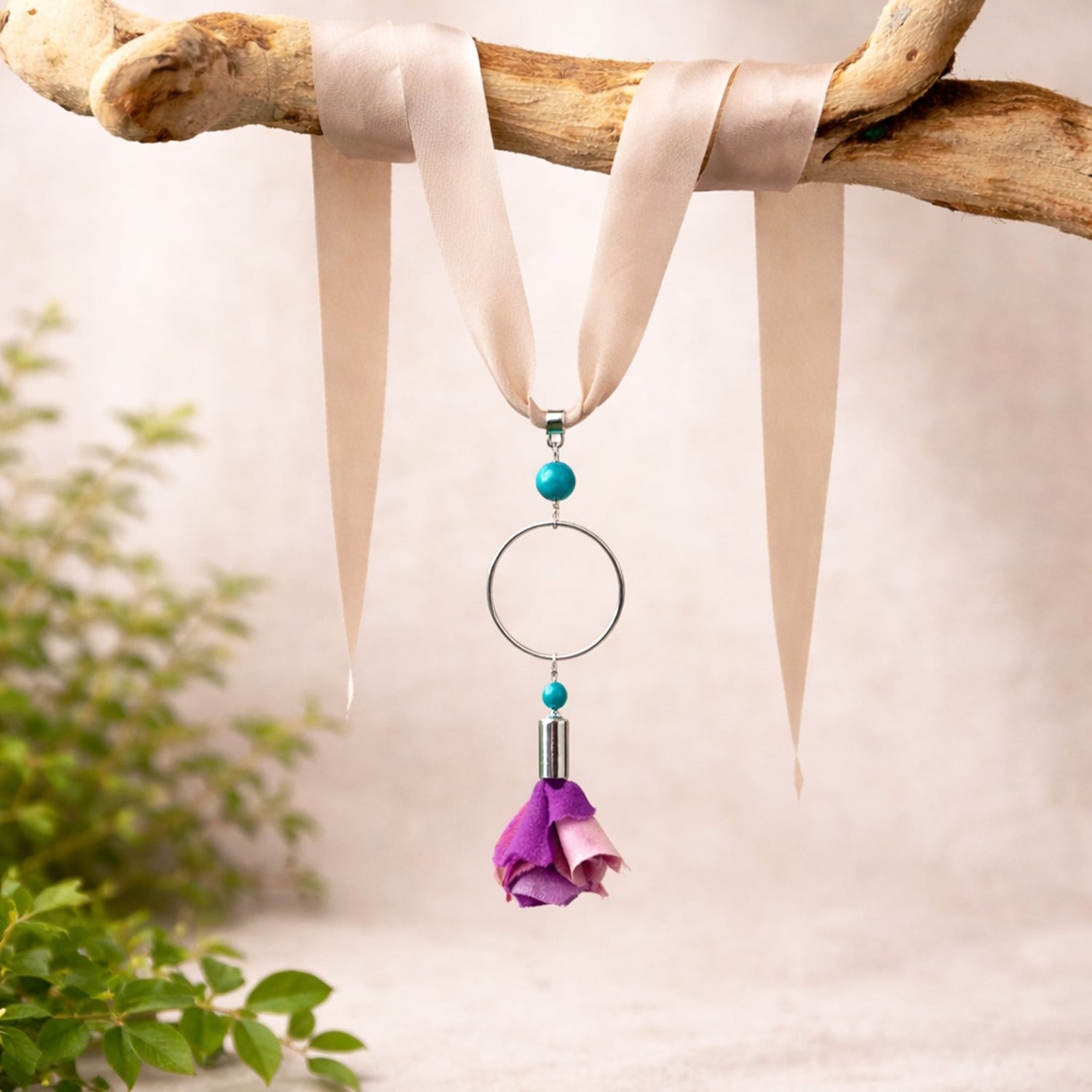 Spring sterling silver necklace with pink silk flower and real turquoise